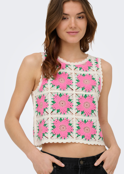 Only - Pink Flowers Crochet Detail Knit Vest