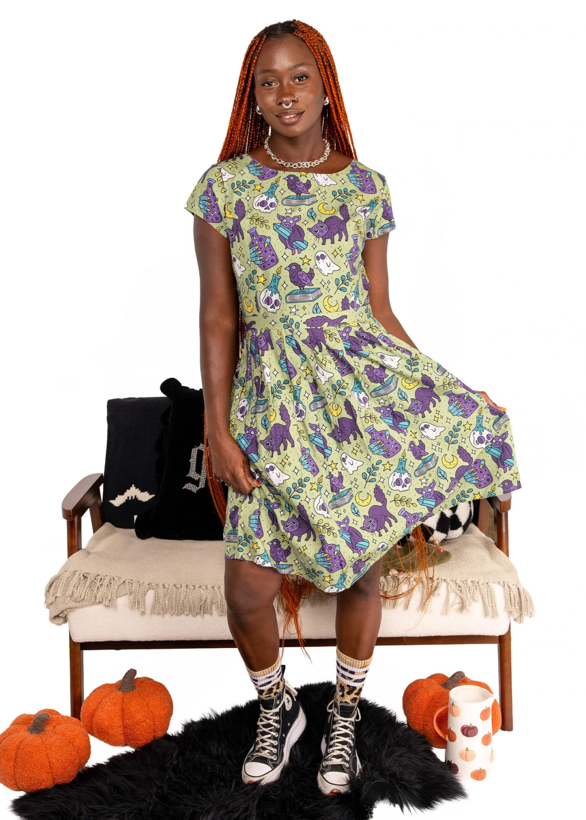 Run & Fly - Mint Cool Spooks Stretch Belted Tea Dress with Pockets