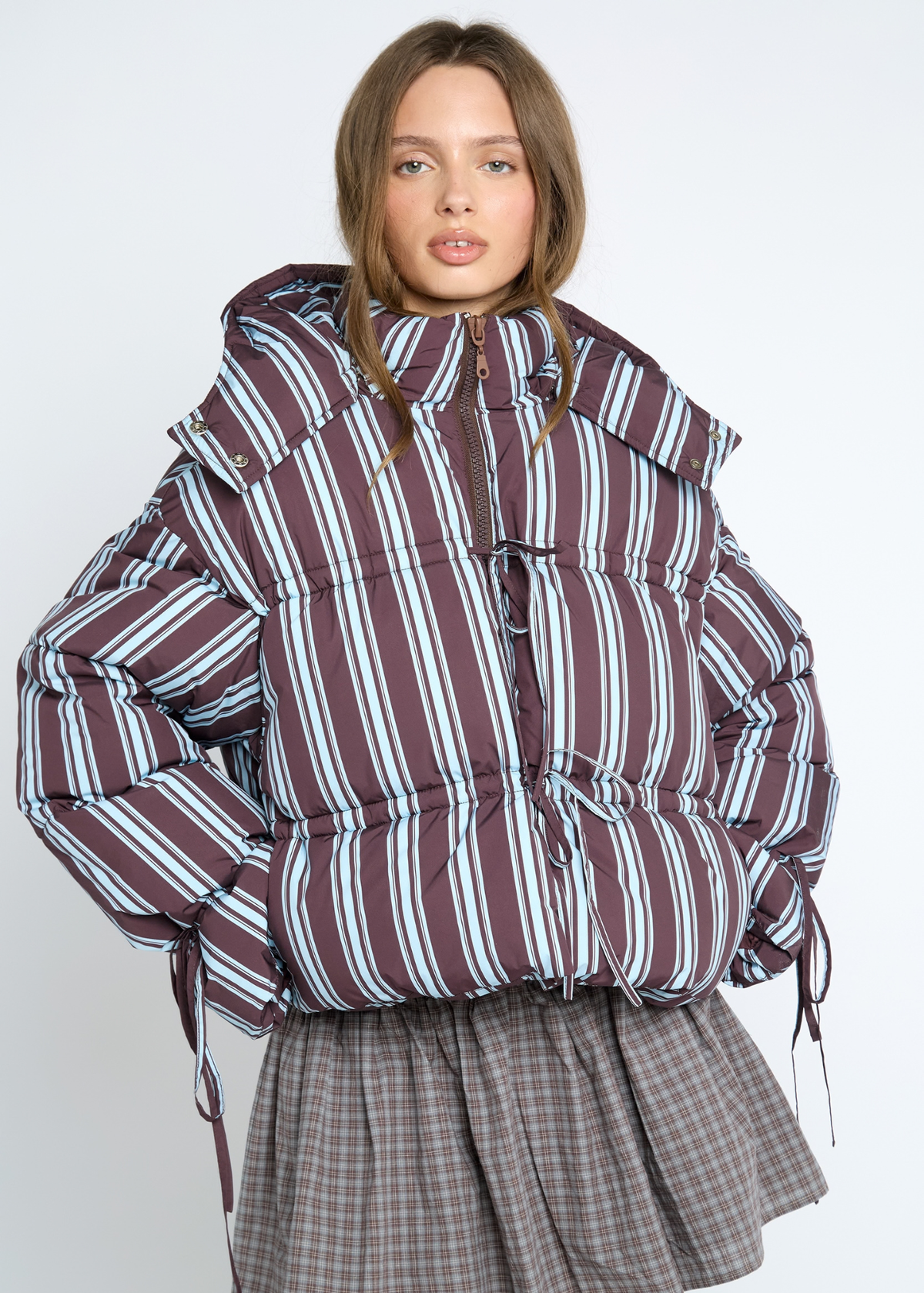Daisy Street - Cocoa Striped Tie Front Puffer Jacket