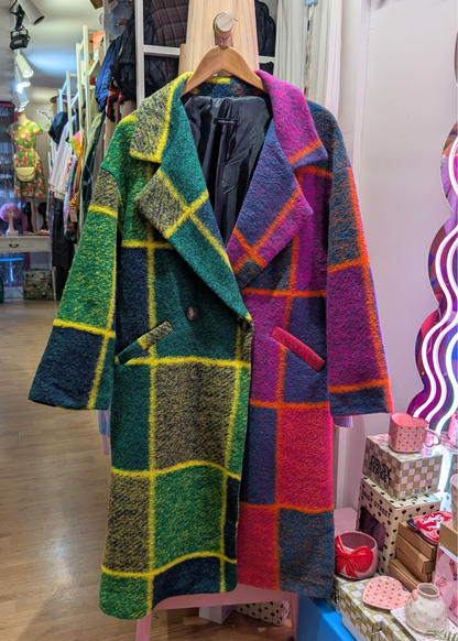 The Edit - Oversized Half 'n' Half Colourful Check Blanket Coat in Pink, Orange & Green