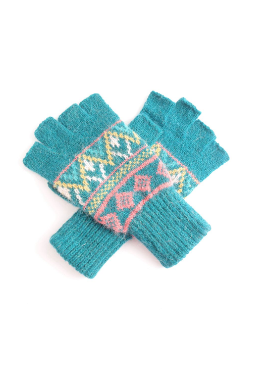The Edit - Teal & Pink Geo Pattern Fingerless Gloves