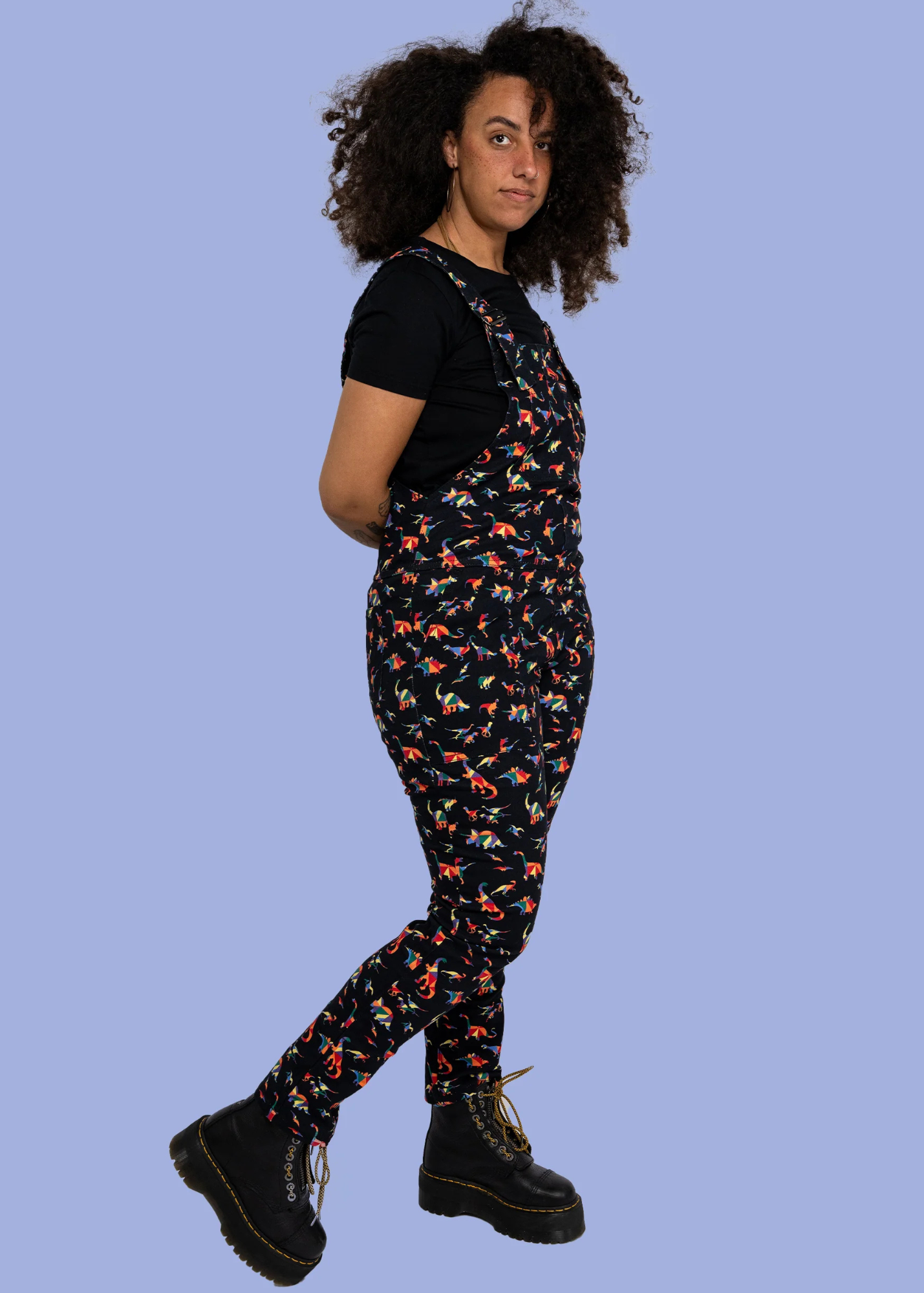 Run & Fly - Unisex Black Twill Rainbow Dinosaur Dungarees