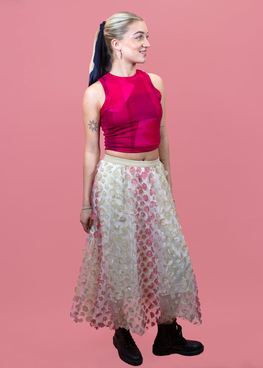The Edit - Blush Pink Flower Embellished Mesh Skirt