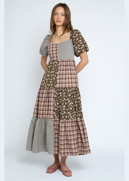 Daisy Street - Freesia Mixed Fabric Check & Flower Dress