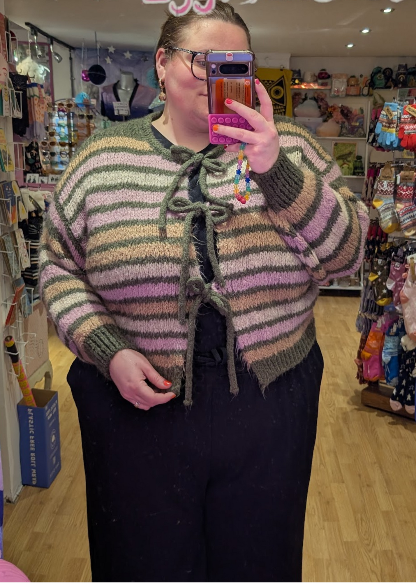 The Edit - Khaki and Pink Tie Front Cardigan