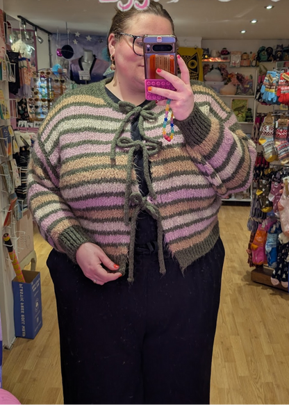 The Edit - Khaki and Pink Tie Front Cardigan