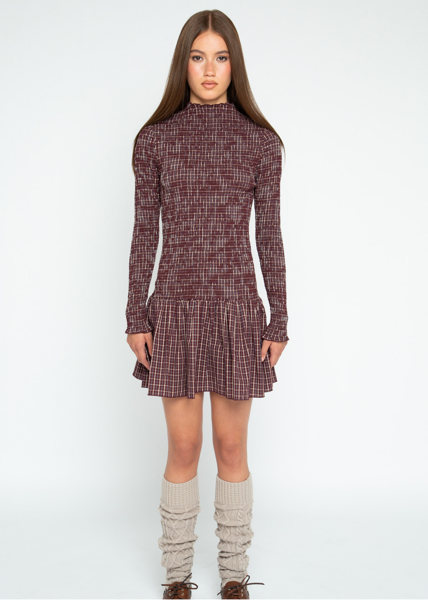 Daisy Street - Burgundy Checked Eira Shirred Dress