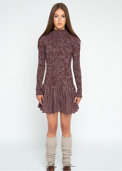Daisy Street - Burgundy Checked Eira Shirred Dress
