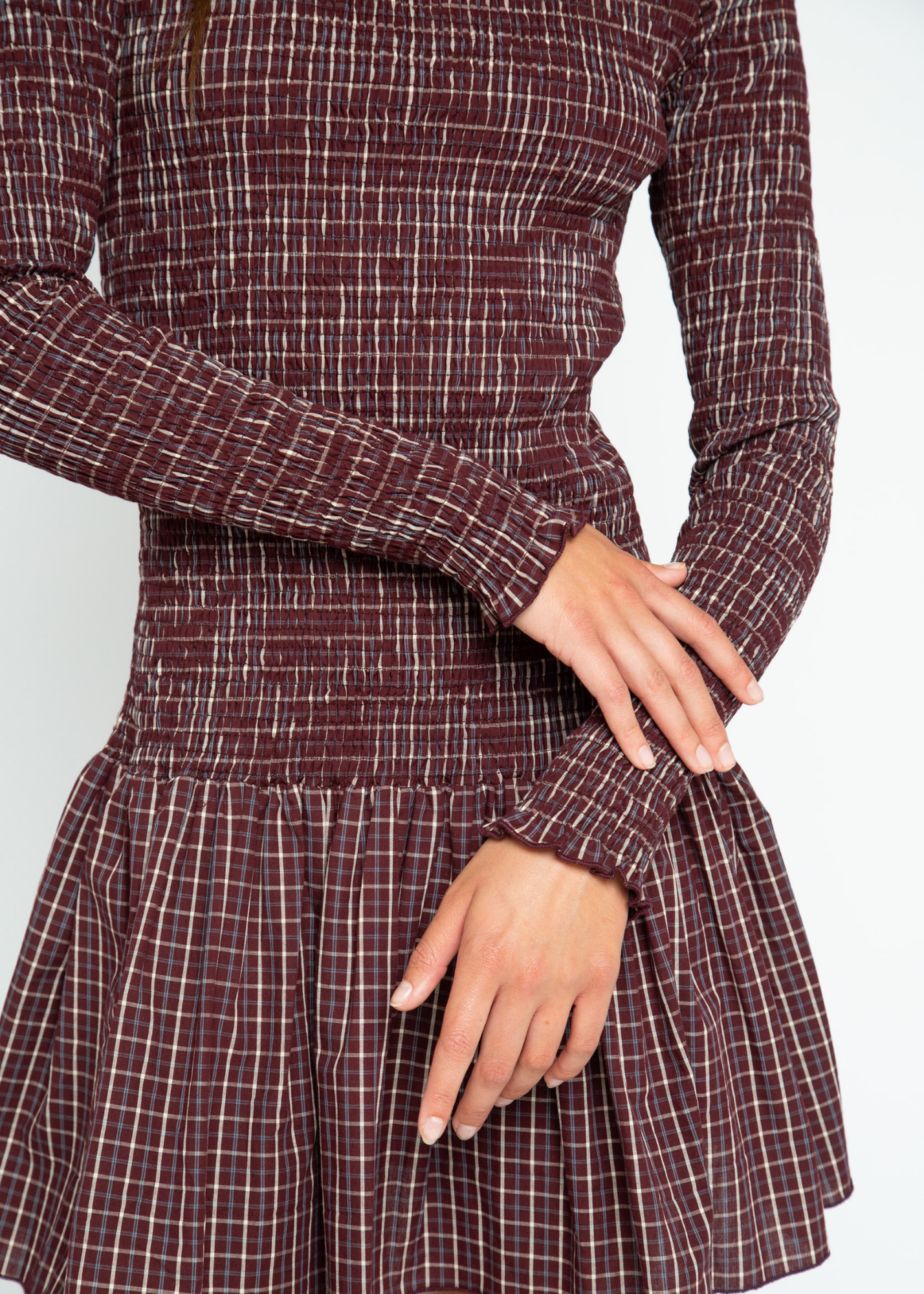 Daisy Street - Burgundy Checked Eira Shirred Dress