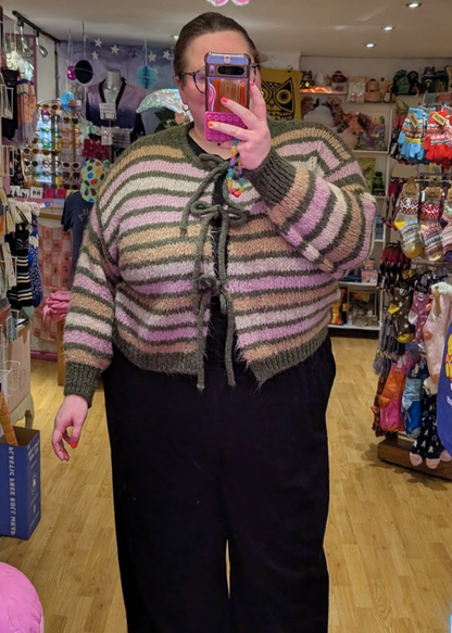 The Edit - Khaki and Pink Tie Front Cardigan