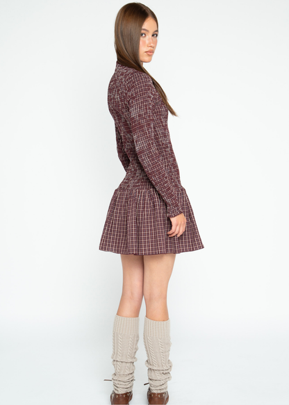 Daisy Street - Burgundy Checked Eira Shirred Dress
