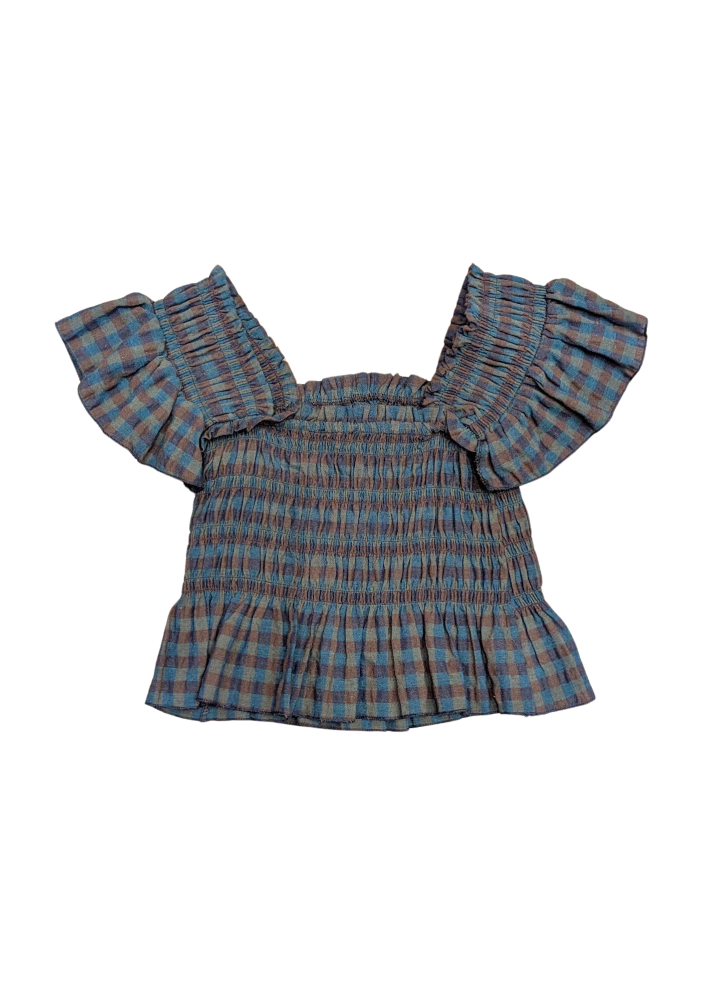 The Edit - Blue & Green Gingham Check Shirred Bardot Top