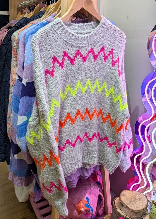 The Edit - Neon Zig Zag Knit Jumper in Grey
