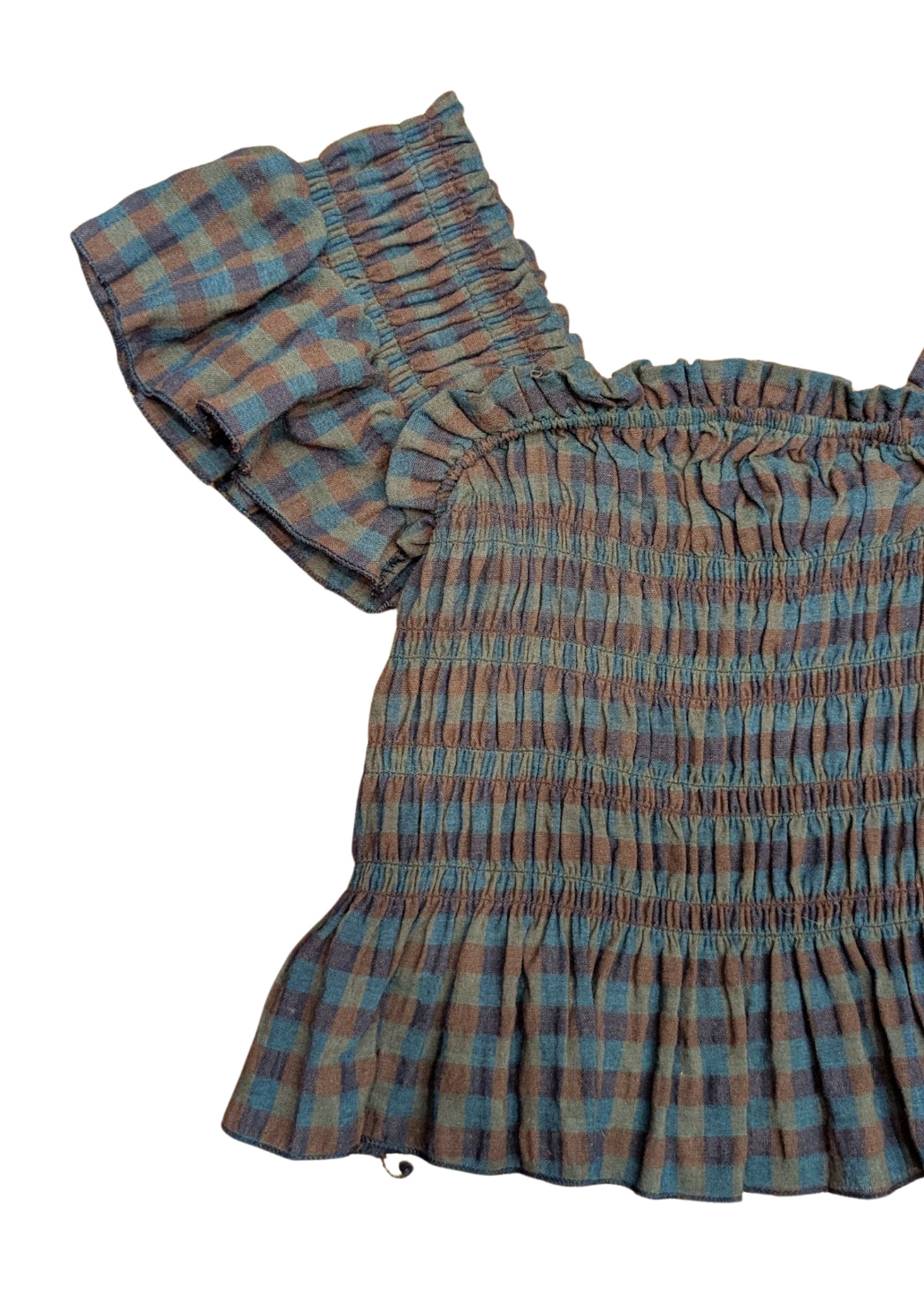 The Edit - Blue & Green Gingham Check Shirred Bardot Top