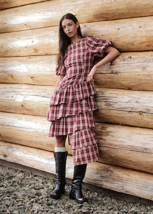Daisy Street -Thalia Red Check Asymmetrical Dress