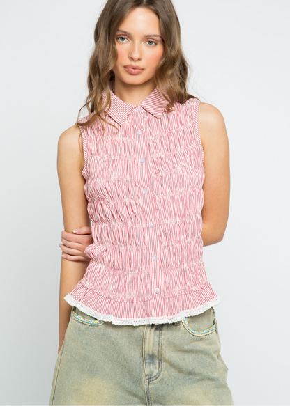 Daisy Street - Junia Red Stripe Shirred Shirt