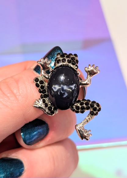 The Edit - Black jewel Frog Brooch in silver