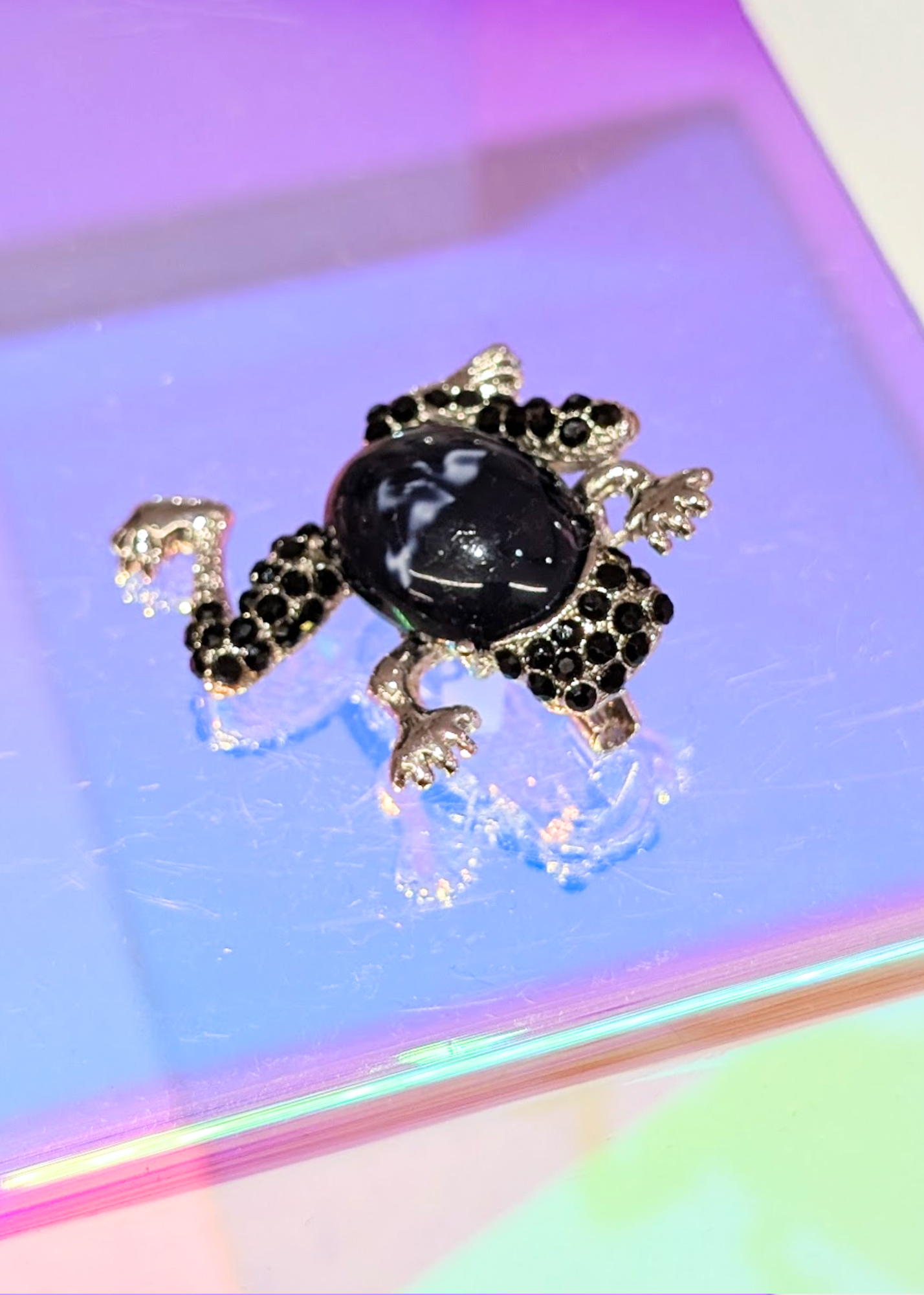 The Edit - Black jewel Frog Brooch in silver