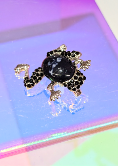 The Edit - Black jewel Frog Brooch in silver