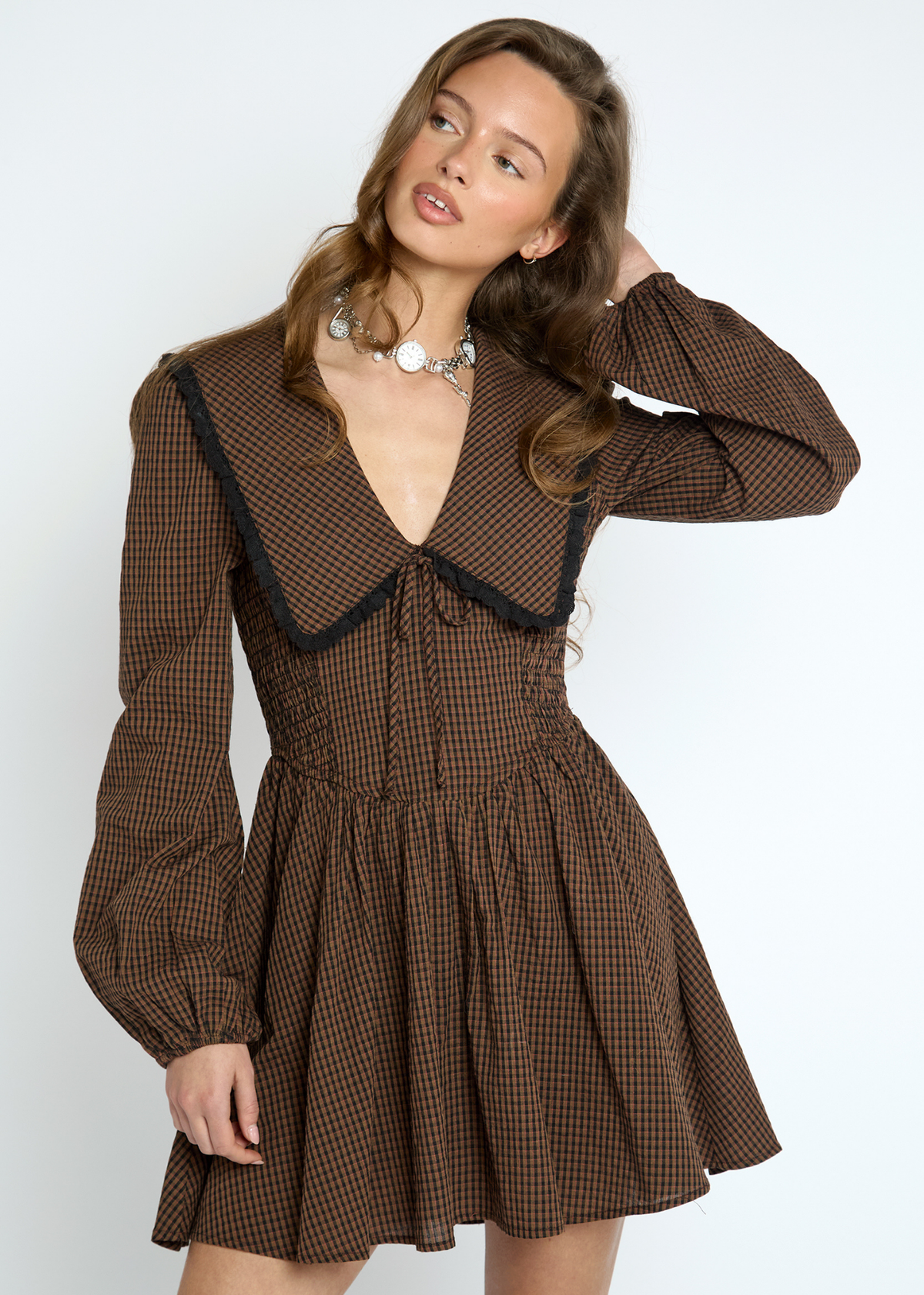 Daisy Street - Fable Brown Check Mini Dress