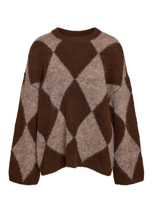 Noisy May - Fluffy Knit Brown Argyle Jumper