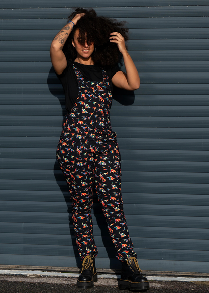 Run & Fly - Unisex Black Twill Rainbow Dinosaur Dungarees