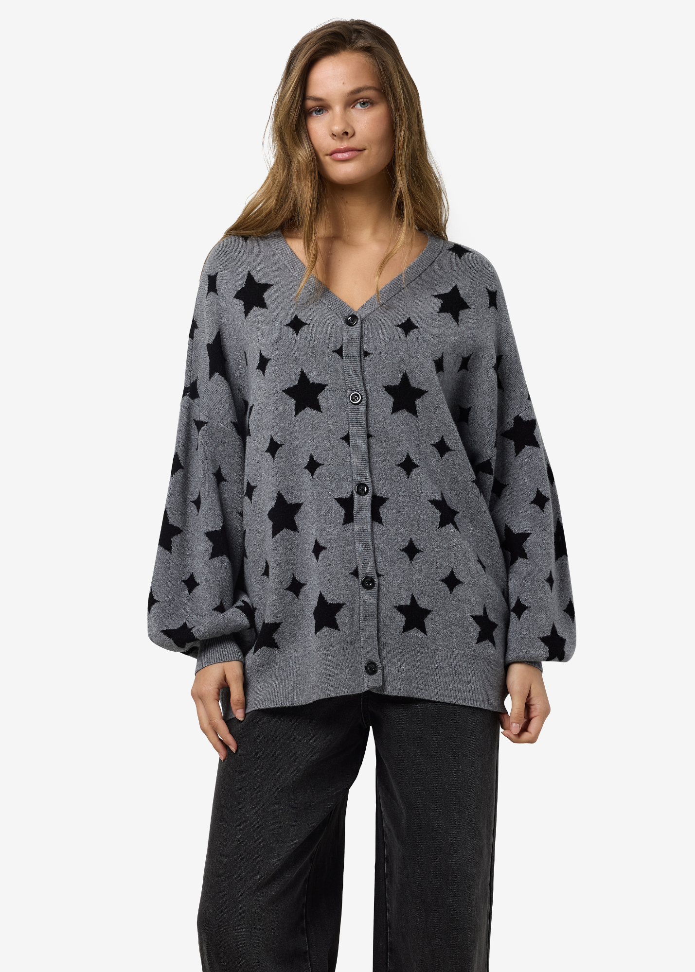 Noisy May - Grey Stars Oversized Knit Cardigan