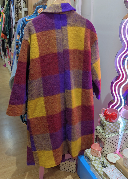 The Edit - Oversized Burgundy, Mustard Yellow & Purple Checked Coat