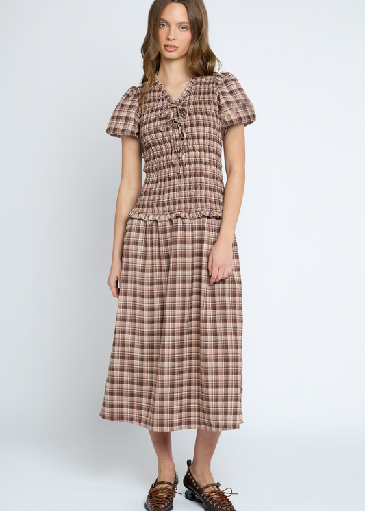 Daisy Street - Amaretti Brown Check Shirred Midi Dress
