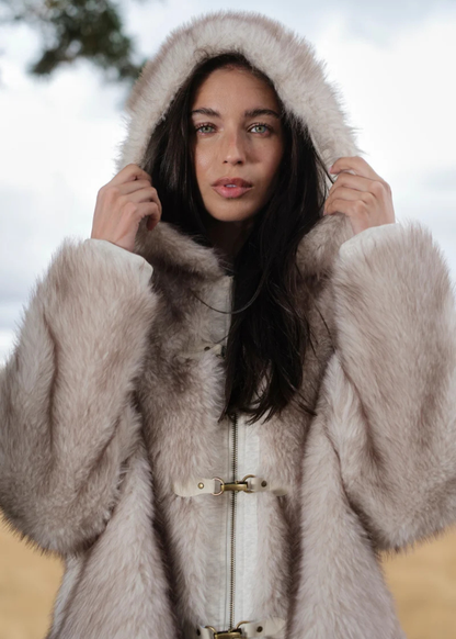 Daisy Street - Grey Plush Faux Fur Hooded Coat
