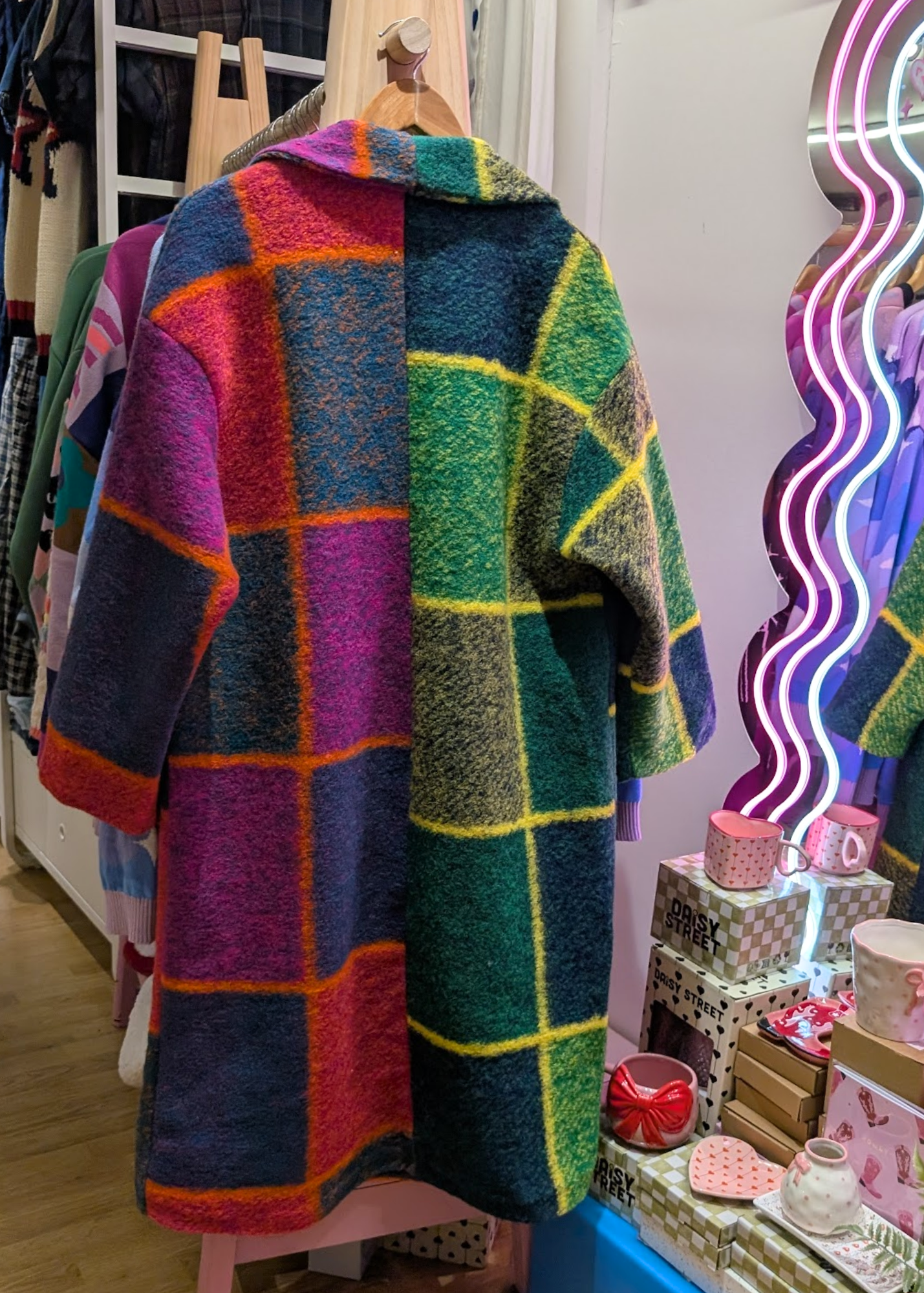 The Edit - Oversized Half 'n' Half Colourful Check Blanket Coat in Pink, Orange & Green
