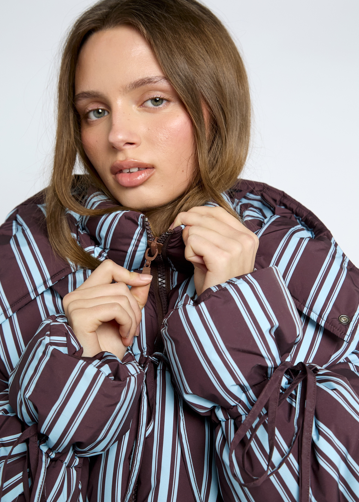 Daisy Street - Cocoa Striped Tie Front Puffer Jacket