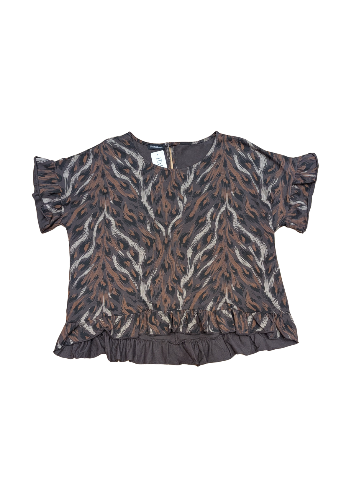 The Edit - Chocolate Brown Big Cat Print Jersey Frill Top