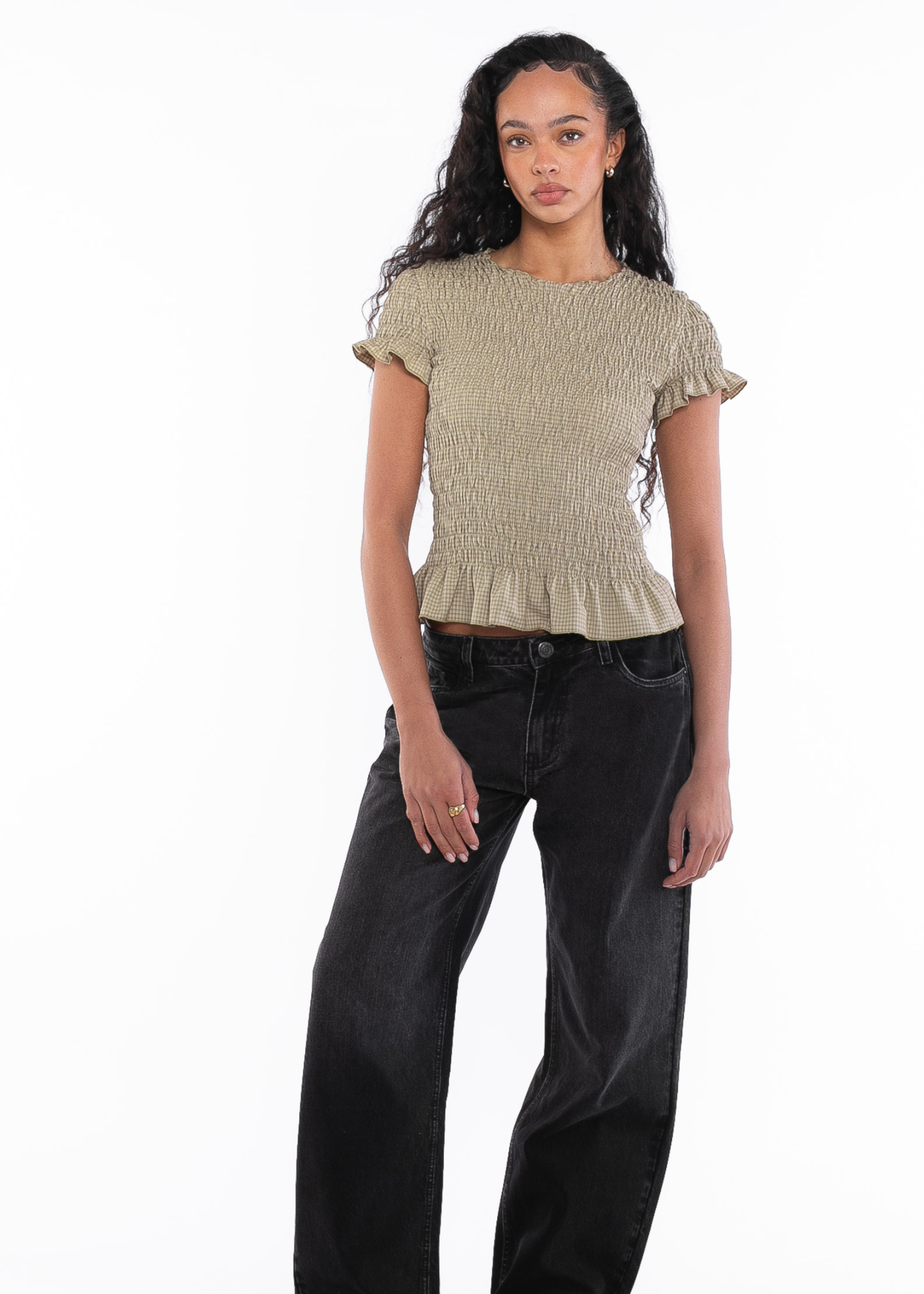 Daisy Street - Beige Check Short Sleeve Shirred Top