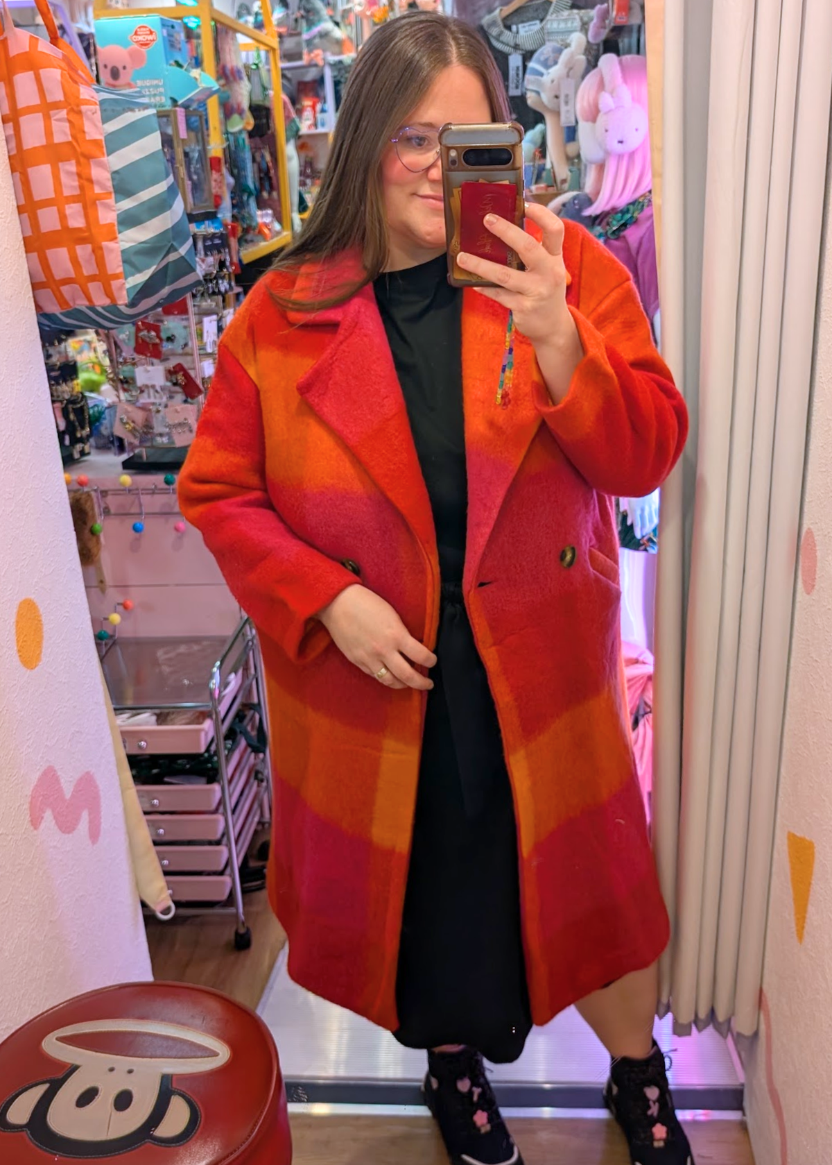 The Edit - Oversized Orange, Pink & Red Checked Coat