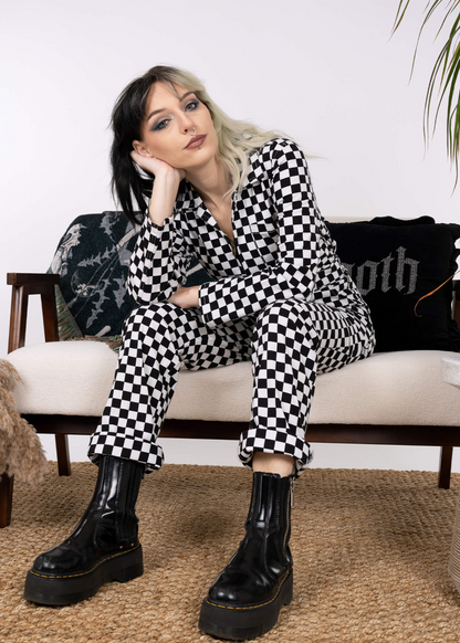 Run & Fly - Black & White Checkerboard Stretch Twill Boiler Suit