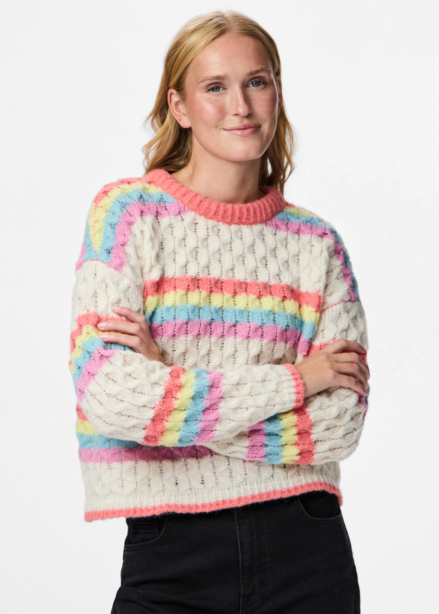 Pieces - Cream and Rainbow Stripe Knit Cable Jumper