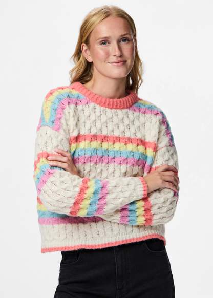 Pieces - Cream and Rainbow Stripe Knit Cable Jumper