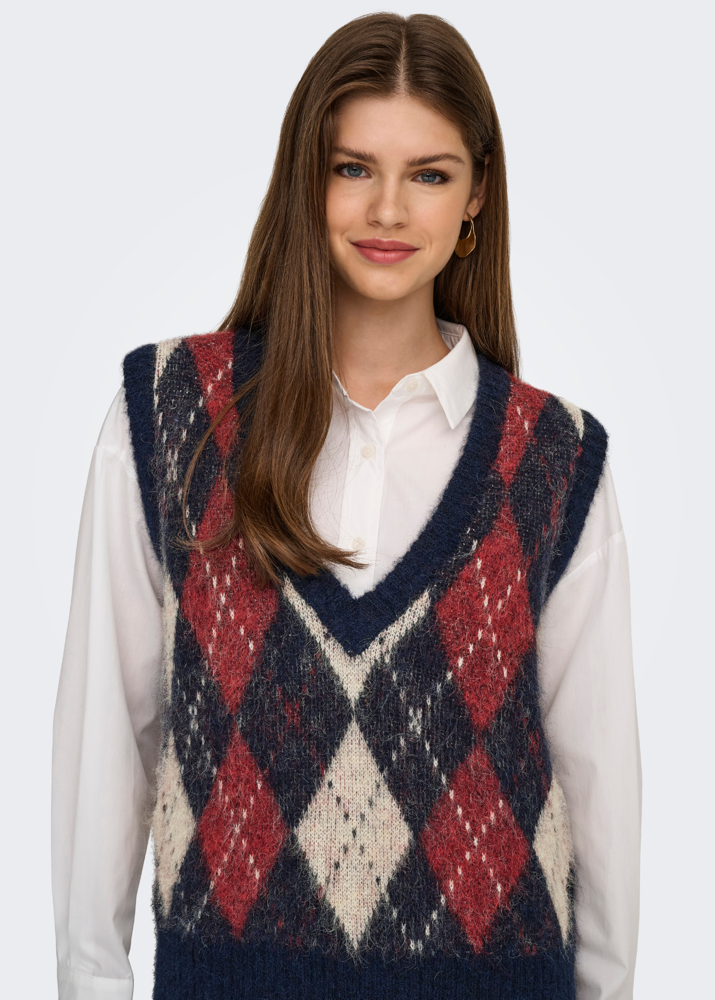 Only - Argyle Knit Vest in Navy and Red