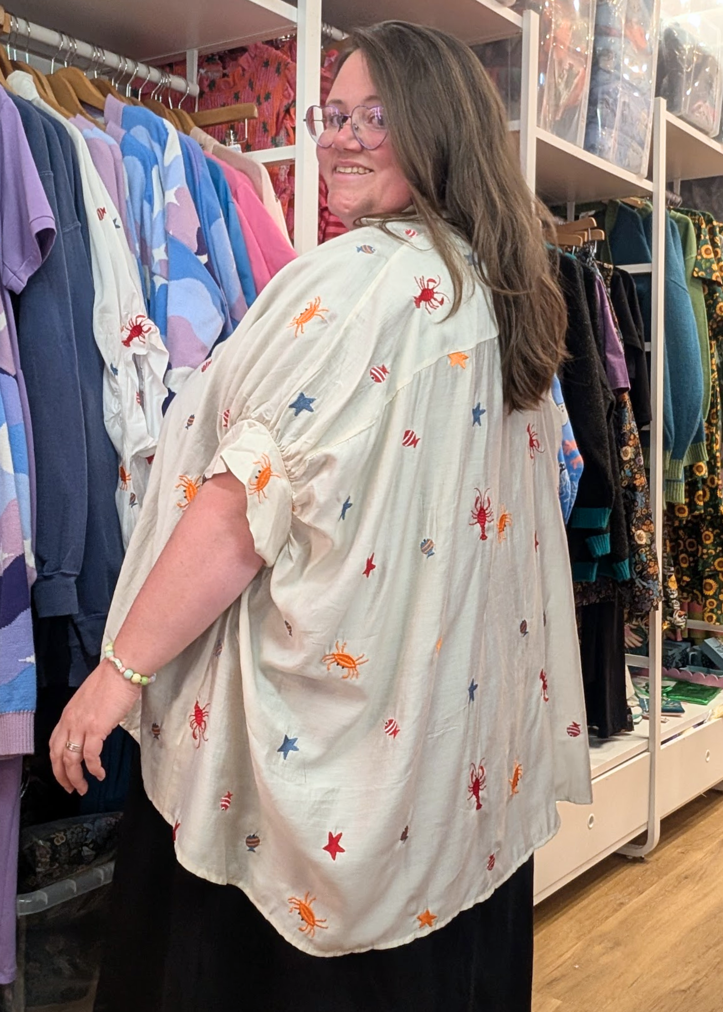 The Edit - Under the Sea Embroidered Oversized Shirt in Stone