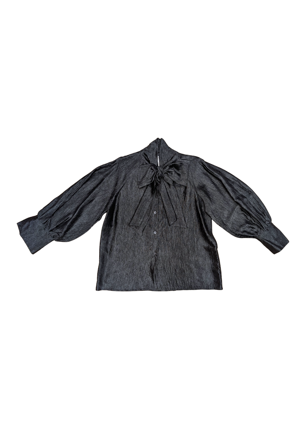 The Edit - Black Crinkle Pussy Bow Top