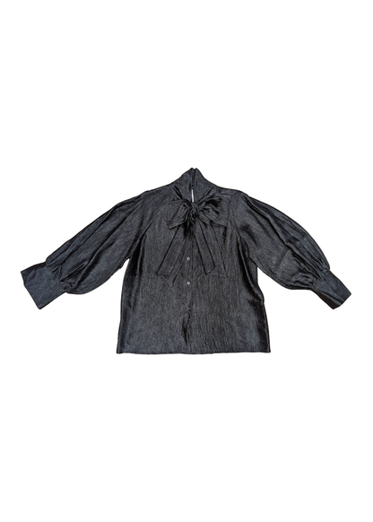 The Edit - Black Crinkle Pussy Bow Top