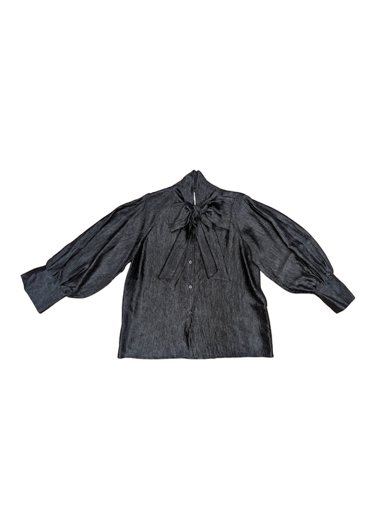The Edit - Black Crinkle Pussy Bow Top