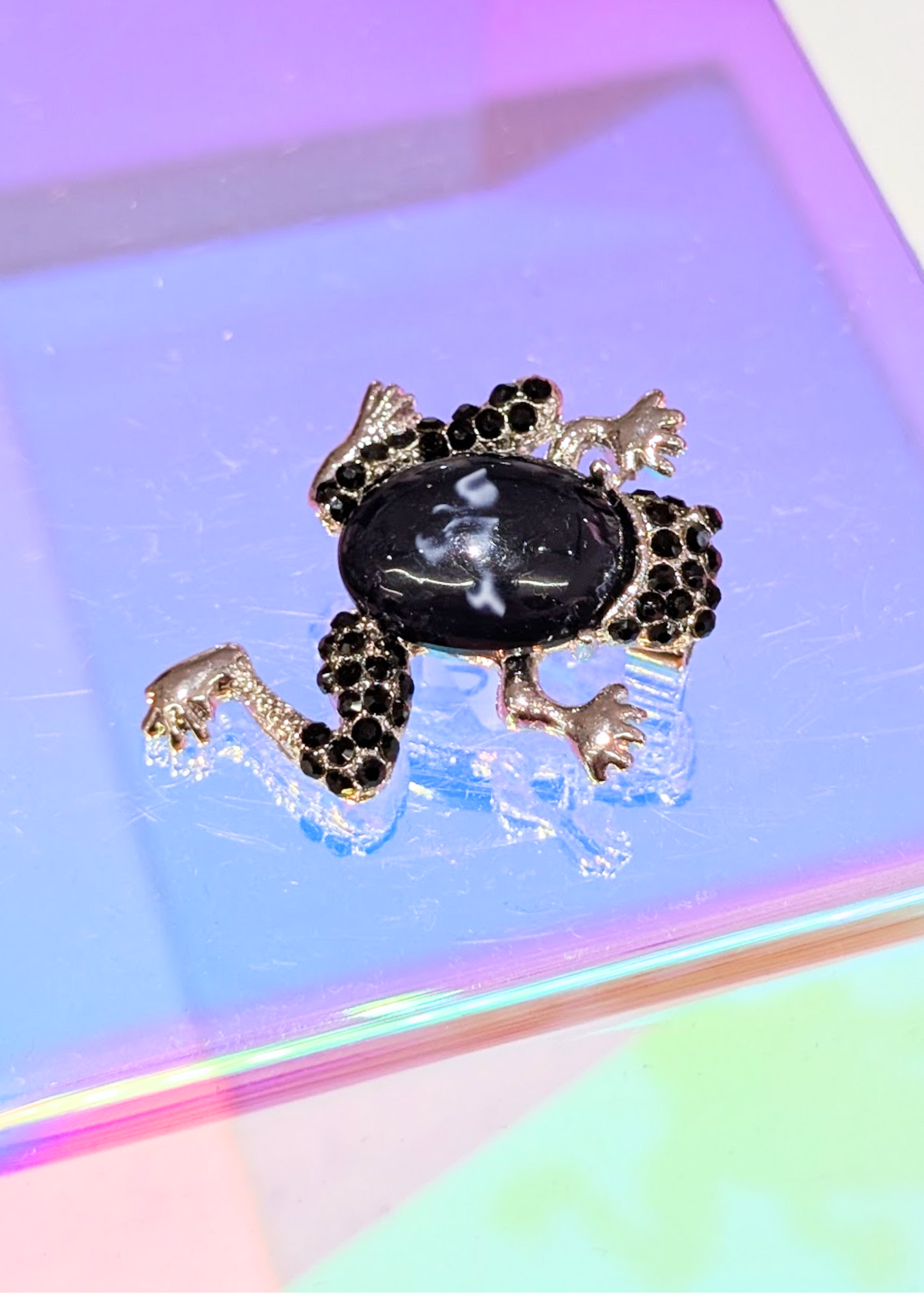 The Edit - Black jewel Frog Brooch in silver