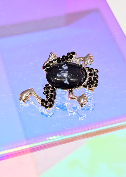 The Edit - Black jewel Frog Brooch in silver