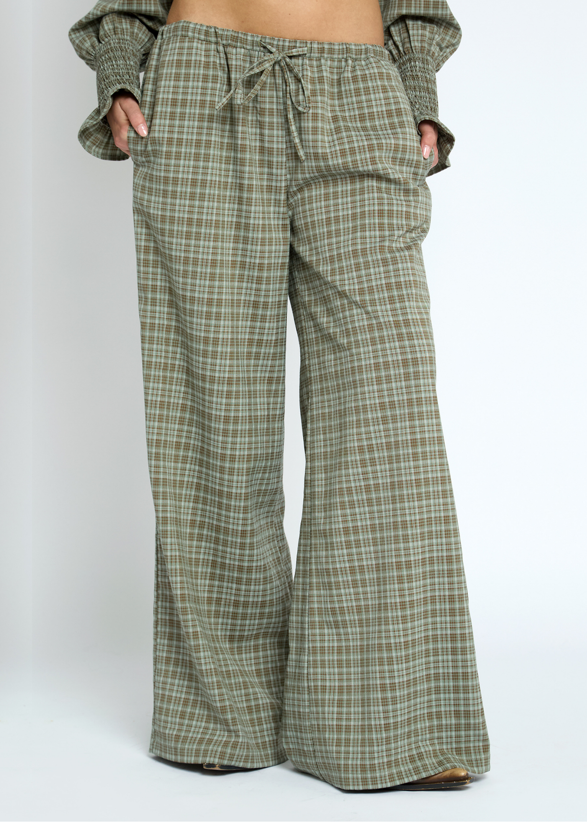 Daisy Street - Lore Green Check Wide Leg Trousers