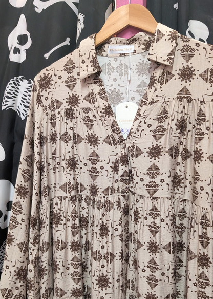 The Edit - Brown Cosmic Sun Print Shirt Dress
