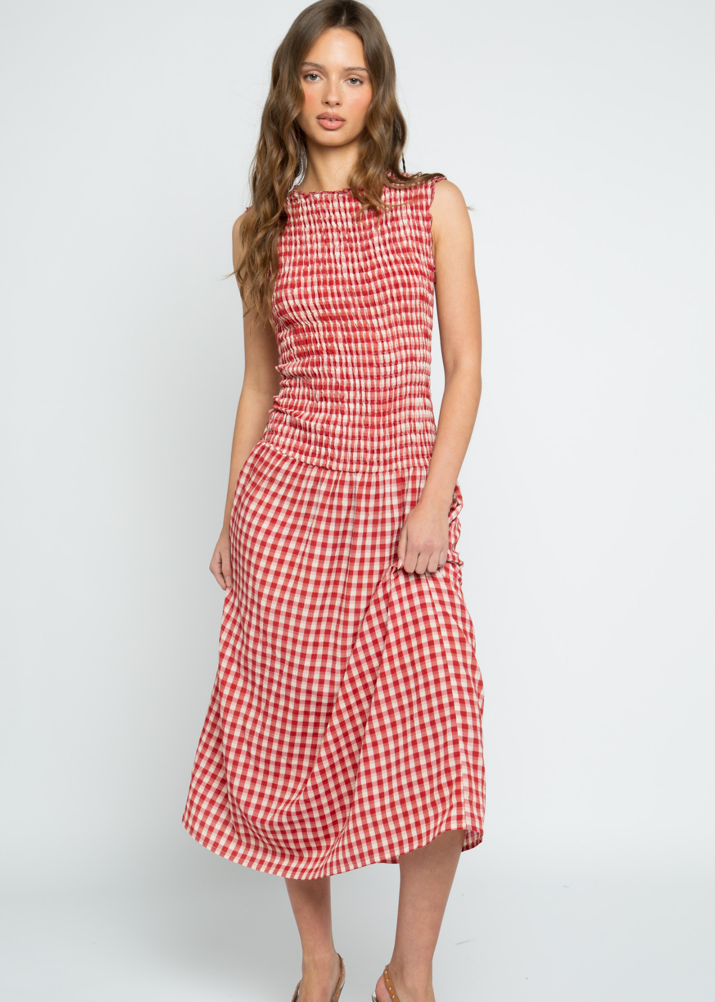 Daisy Street - Baye Red & White Check Shirred Midi Dress