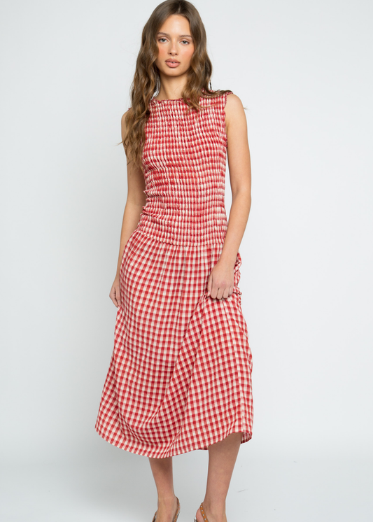 Daisy Street - Baye Red & White Check Shirred Midi Dress