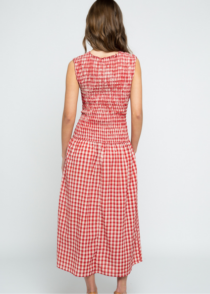 Daisy Street - Baye Red & White Check Shirred Midi Dress